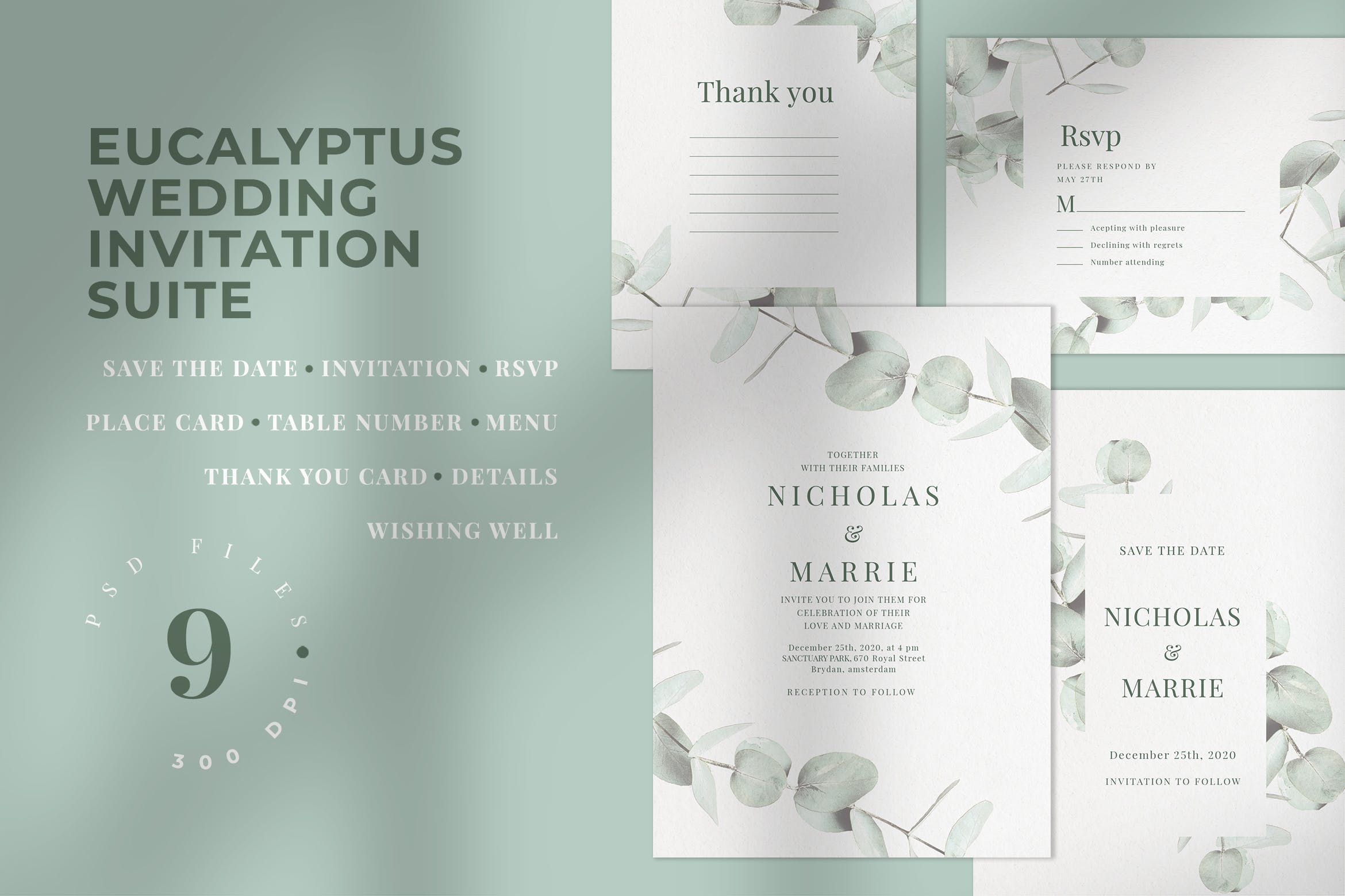 桉树装饰元素婚礼邀请设计素材包 Eucalyptus Wedding Invitation Suite插图