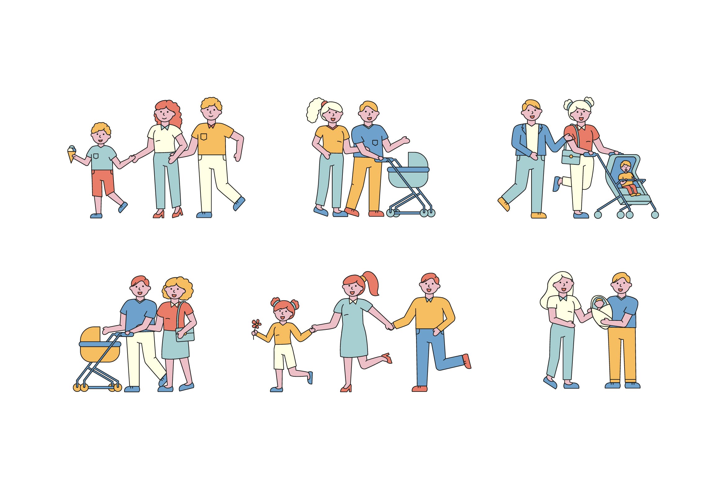 亲子活动主题人物形象线条艺术矢量插画第一素材精选素材 Family Lineart People Character Collection插图