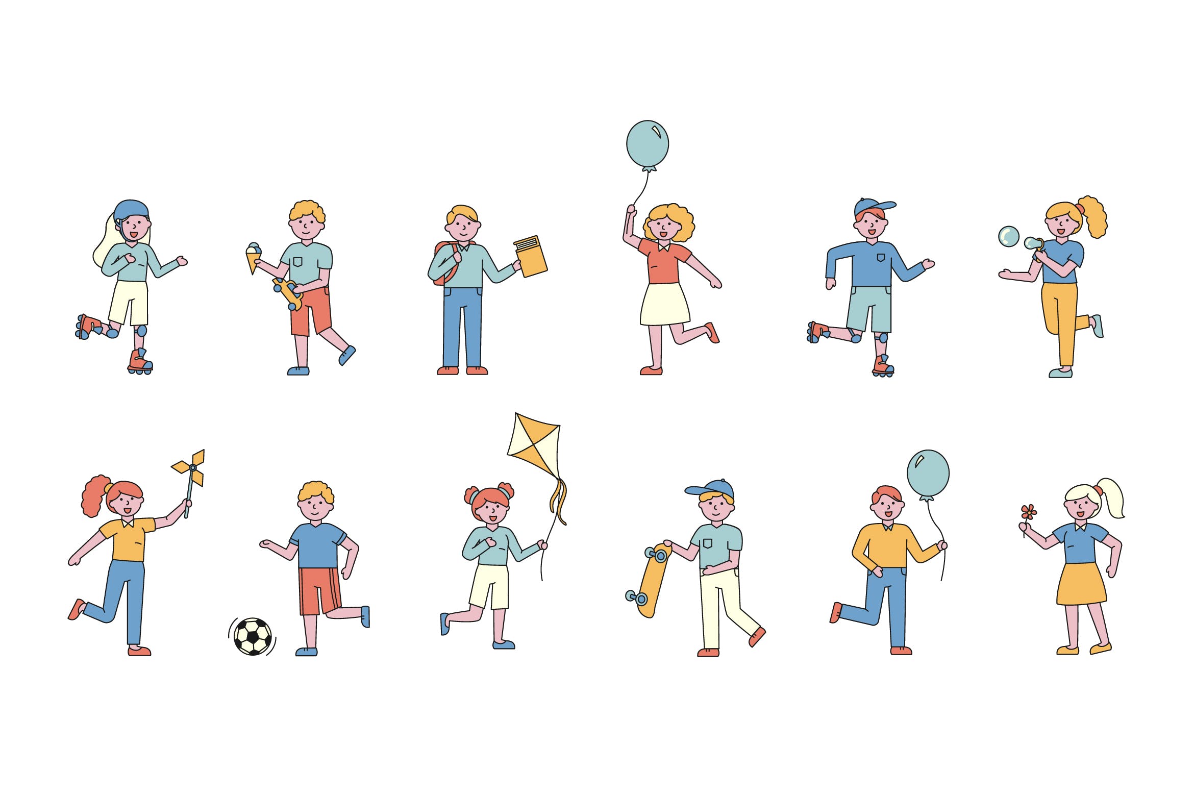 儿童乐园人物形象线条艺术矢量插画第一素材精选素材 Children Lineart People Character Collection插图