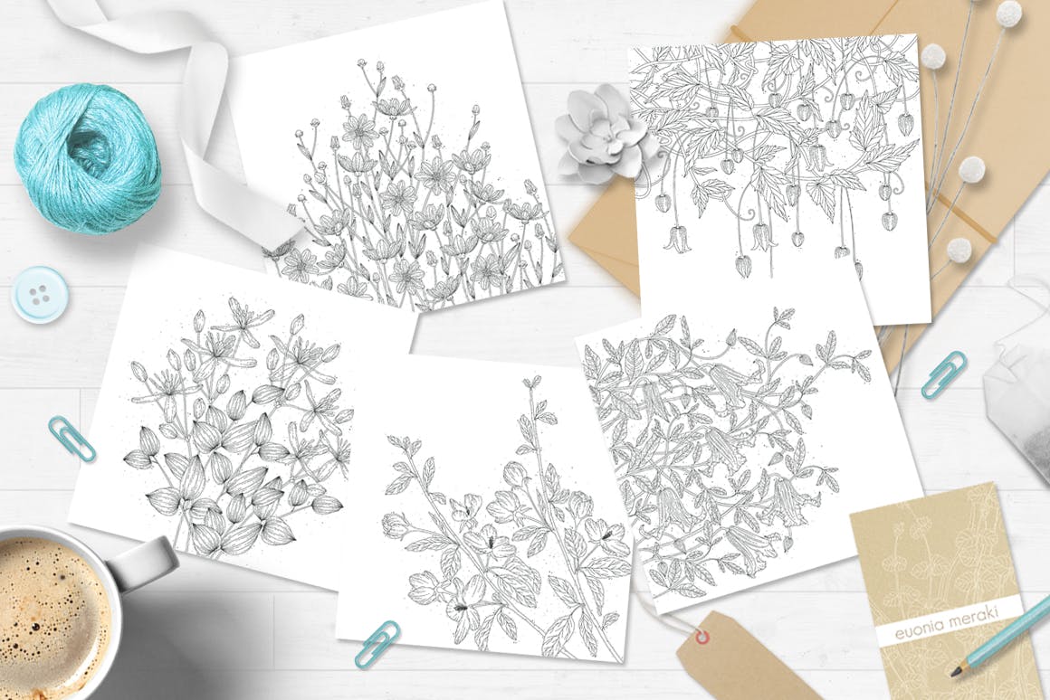 蒲公英线条手绘图案矢量背景素材delicate Floral Line Backgrounds 蚂蚁图库