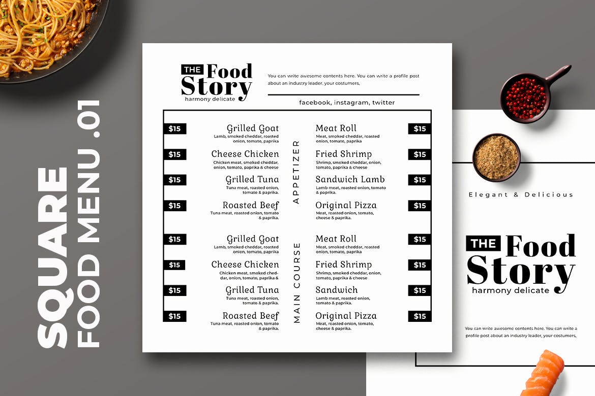 黑白配色西餐蚂蚁素材精选菜单模板v01 Square Food Menu. 01插图