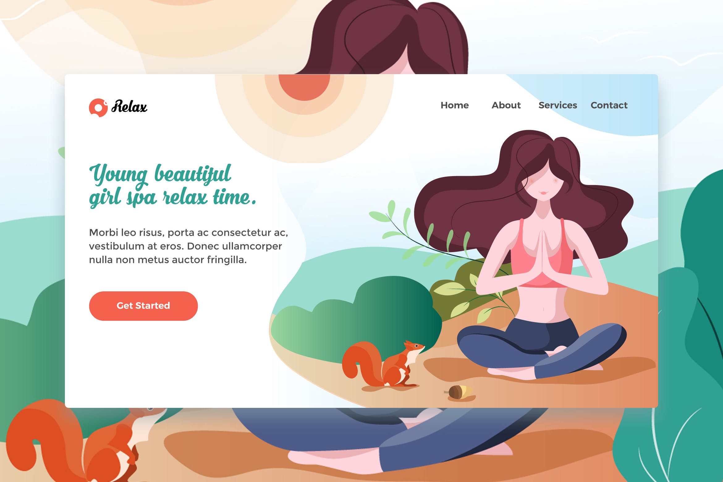 网站着陆页设计瑜伽女郎矢量插画素材v1 Young Beautiful Girl Spa web template Landing Page插图