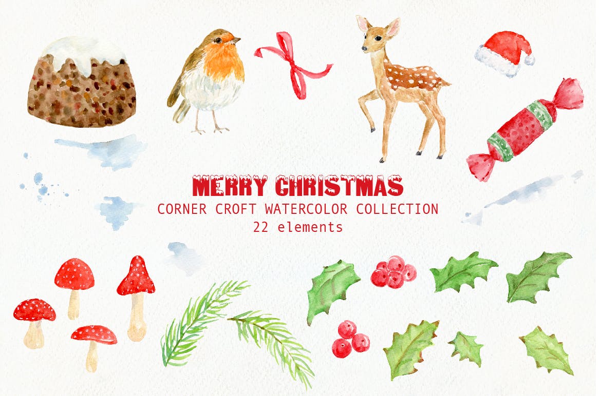 水彩设计风格圣诞节主题卡片设计模板 Watercolor Merry Christmas Cards插图(1)
