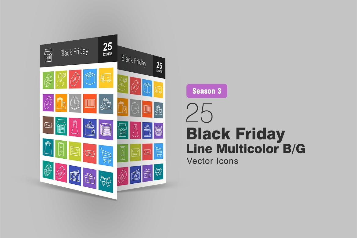 25枚黑色星期五黑白色矢量线性第一素材精选图标 25 Black Friday Line Multicolor B/G Icons插图