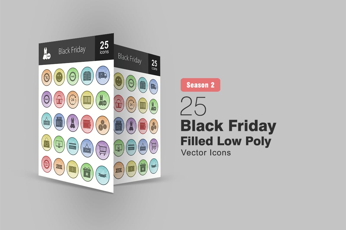 25个黑色星期五主题圆形填充第一素材精选图标 25 Black Friday Filled Low Poly Icons插图