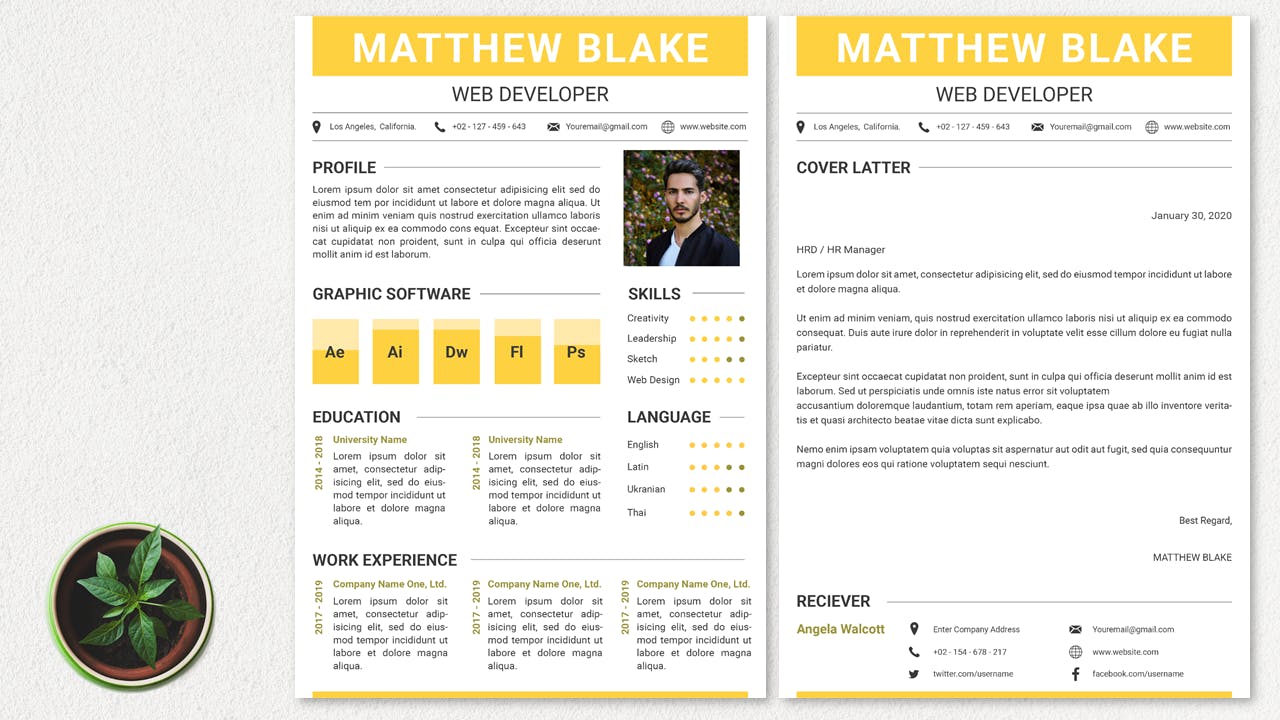 网站开发者简约履历表排版设计模板 CV Resume Simple And Professional插图(1)