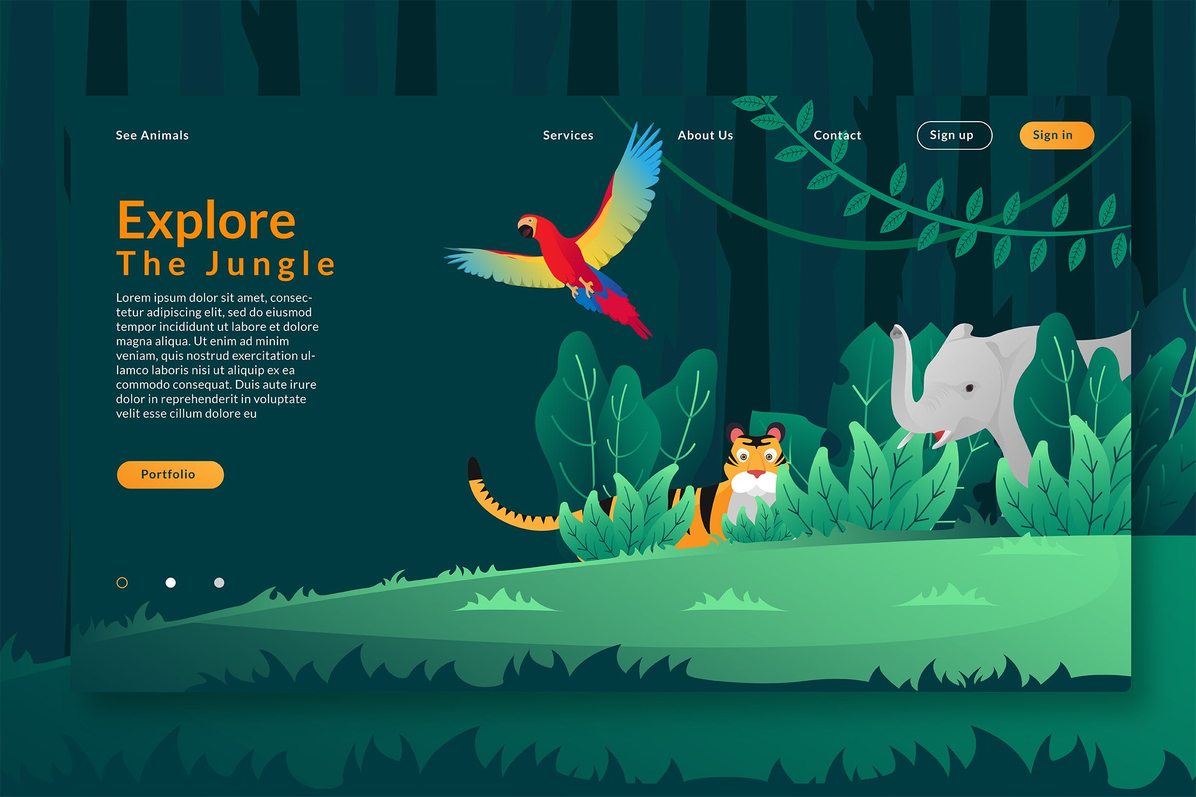 丛林探险主题网站概念插画设计素材 Explore The Jungle – Web Header & Vector GR插图