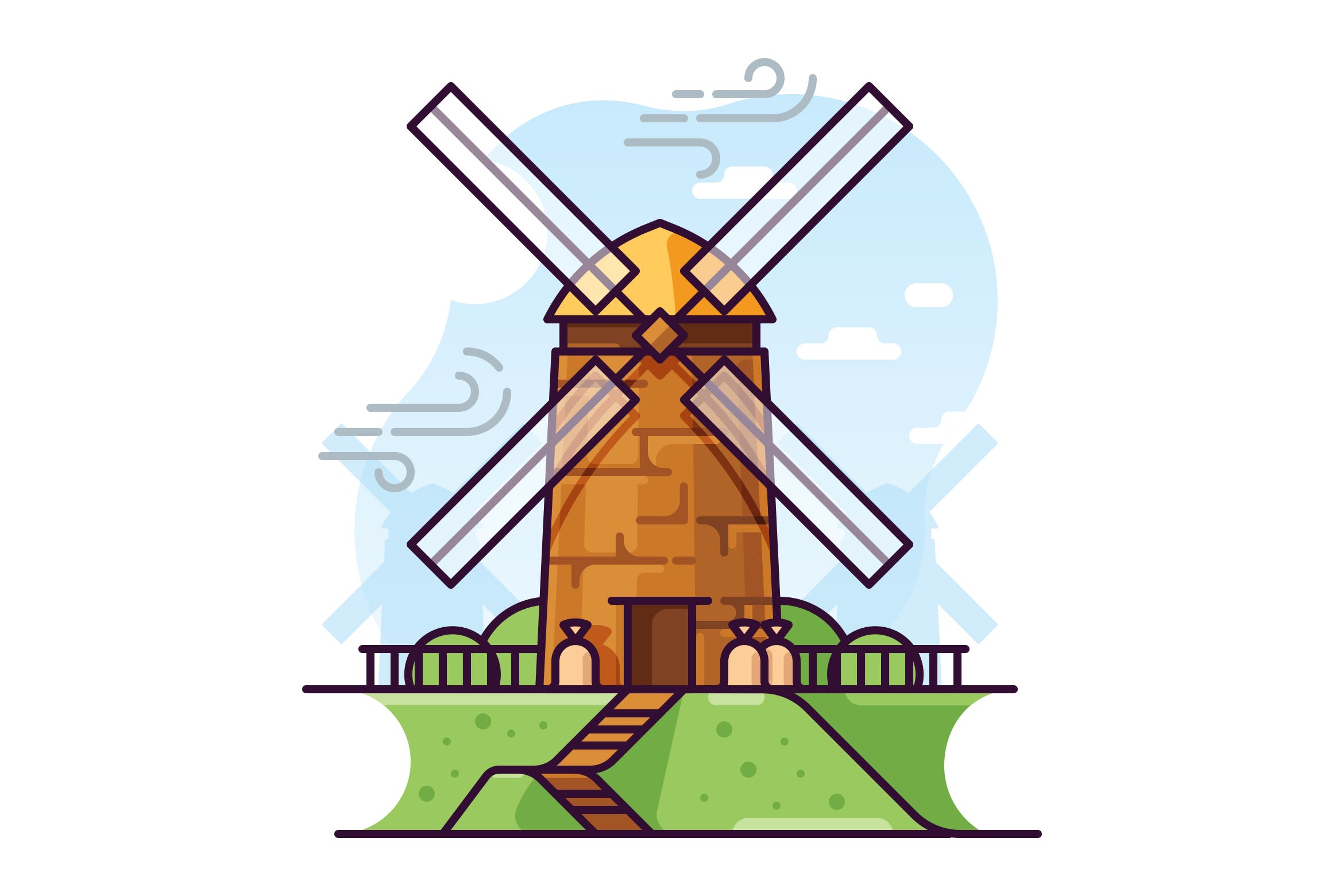 风车磨坊手绘矢量插画大洋岛精选素材 Windmill illustration插图