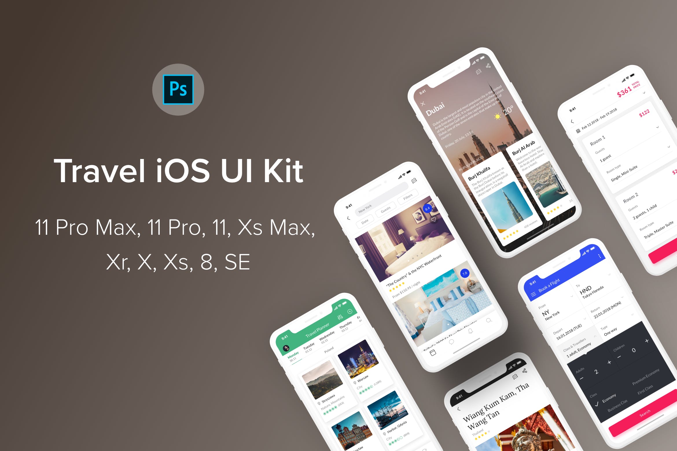 旅游主题iOS应用UI设计第一素材精选套件PSD模板 Travel iOS UI Kit (Photoshop)插图