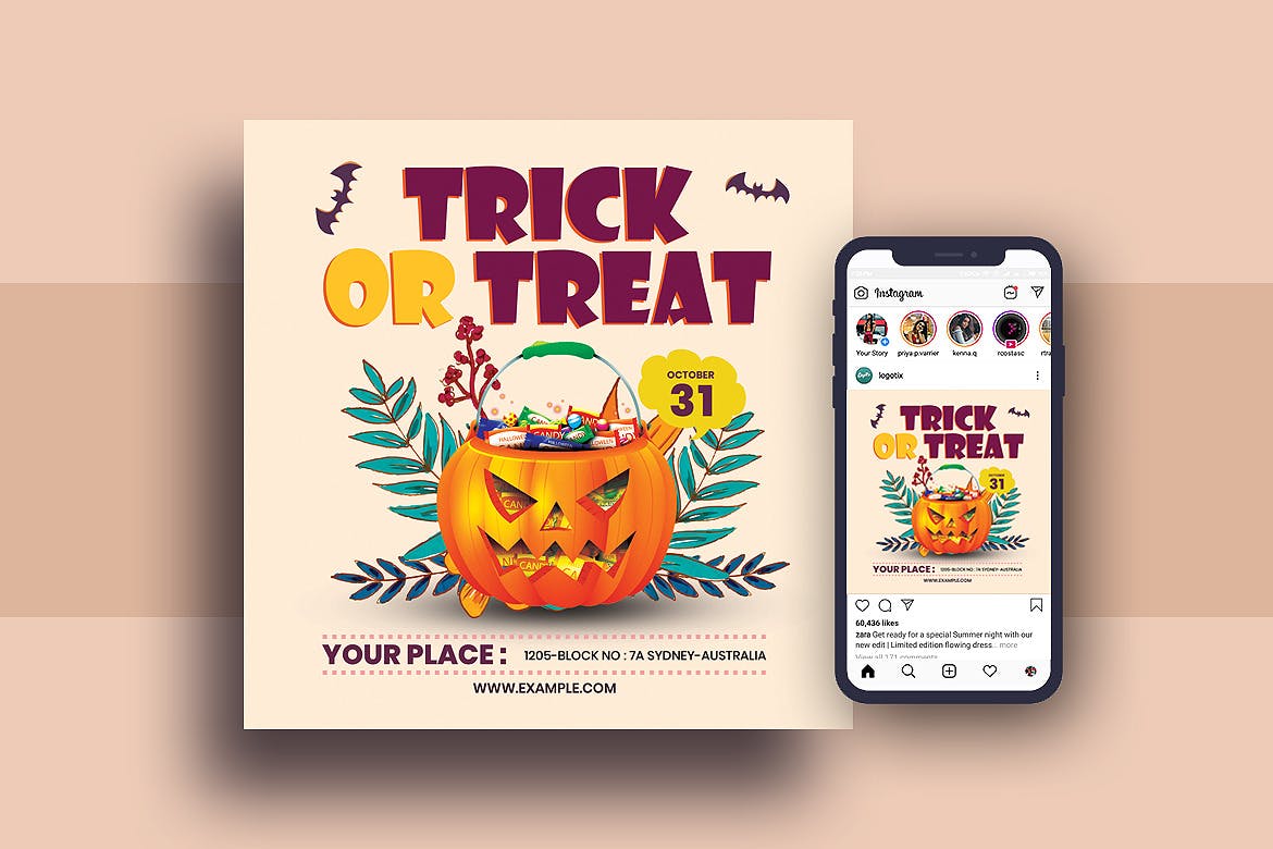 万圣节不给糖就捣蛋主题传单设计模板蚂蚁素材精选&Instagram社交设计素材 Halloween Trick Or Treat Flyer & Instagram Post插图(2)