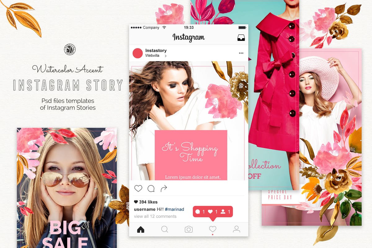 水彩设计风格Instagram故事贴图模板第一素材精选 Watercolor Accent Instagram Story Templates插图