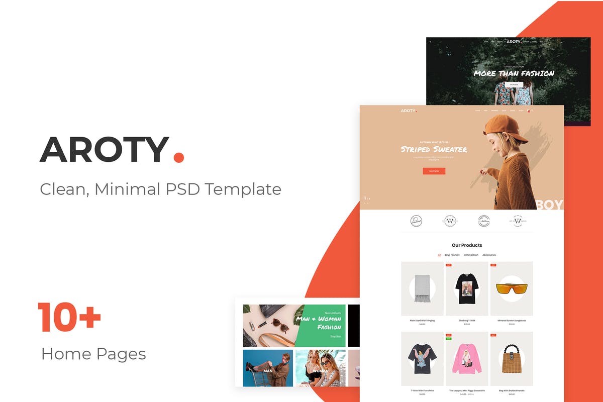 极简设计风格电商网站设计模板蚂蚁素材精选 Aroty – Clean, Minimal Shop PSD Template插图