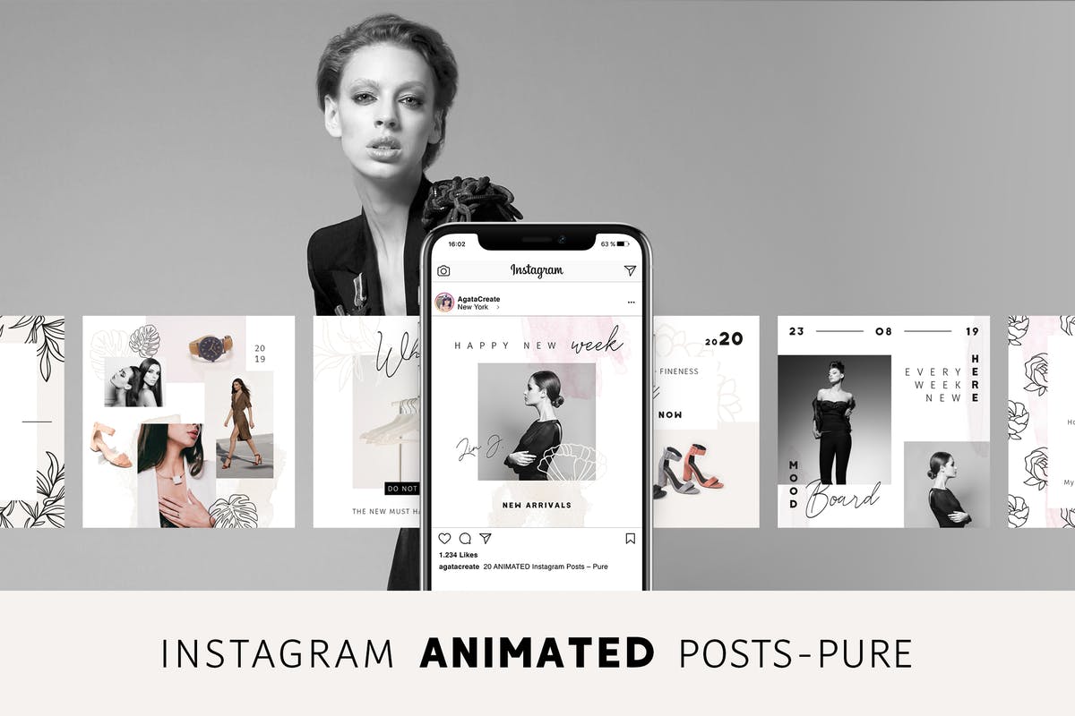 社交新媒体时尚潮流主题广告PSD动画模板蚂蚁素材精选v1 ANIMATED Instagram Posts – Pure插图
