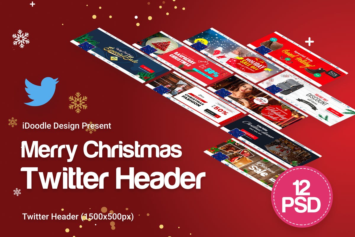 圣诞节促销活动社交媒体/新媒体/网站Banner设计模板 Merry Christmas Twitter Headers插图