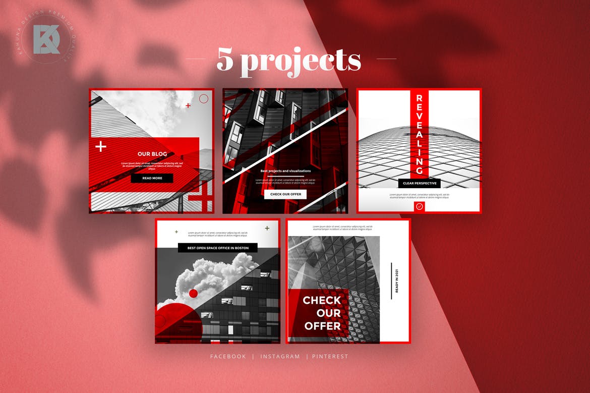 灰度红创意社交媒体第一素材精选广告模板素材 Greyscale Red Social Media Pack插图(4)