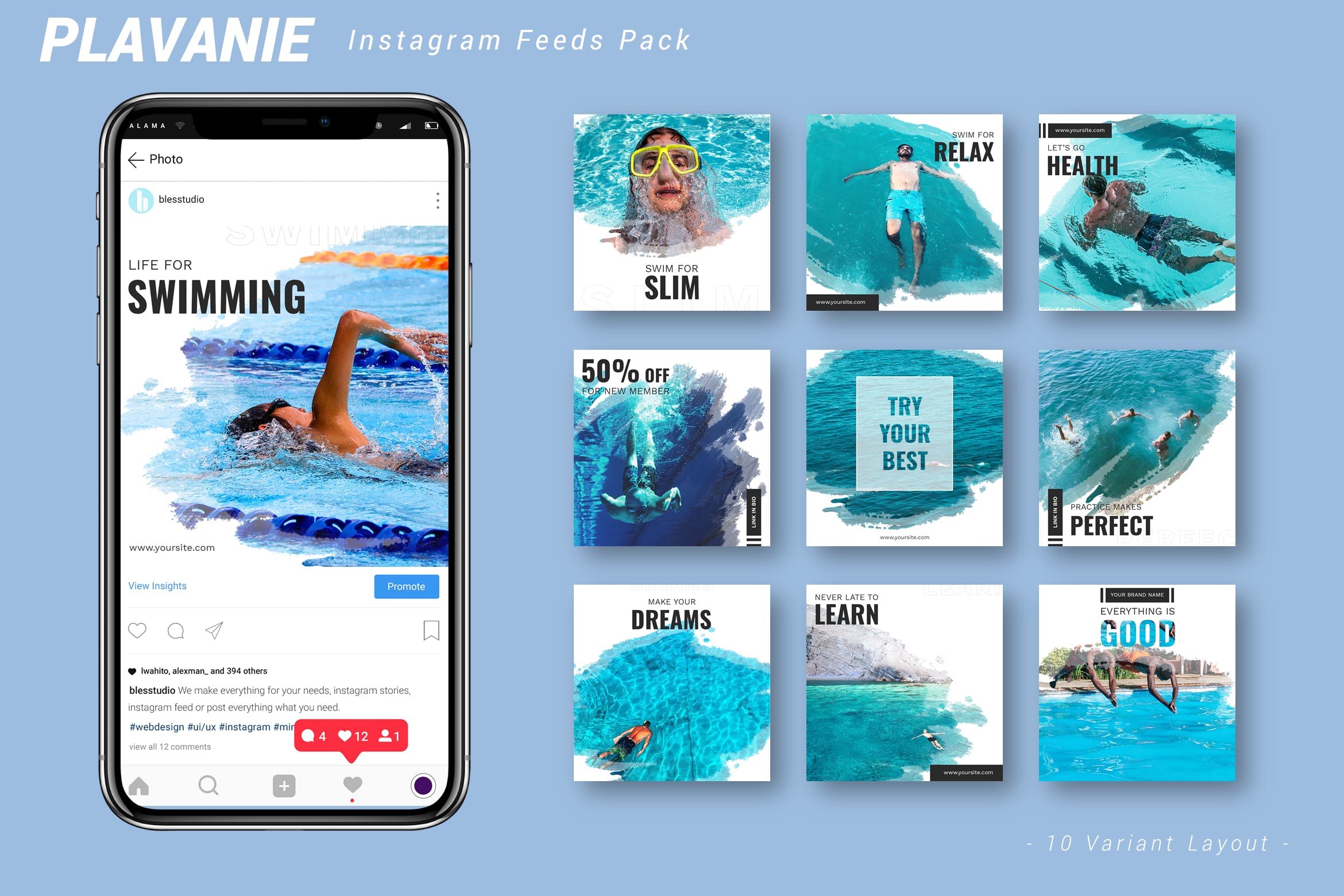 墨水印迹图形Instagram信息流贴图模板第一素材精选 Plavanie – Instagram Feeds Pack插图