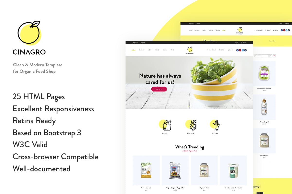 天然有机食物电商网站HTML网站模板第一素材精选 Cinagro – Organic Food Shop HTML Template插图
