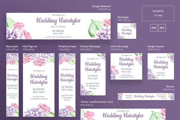 婚礼发型设计企业广告Banner设计模板 Wedding Hairstyle Banner Pack Template插图1 婚礼发型设计企业广告Banner设计模板 Wedding Hairstyle Banner Pack Template插图1
