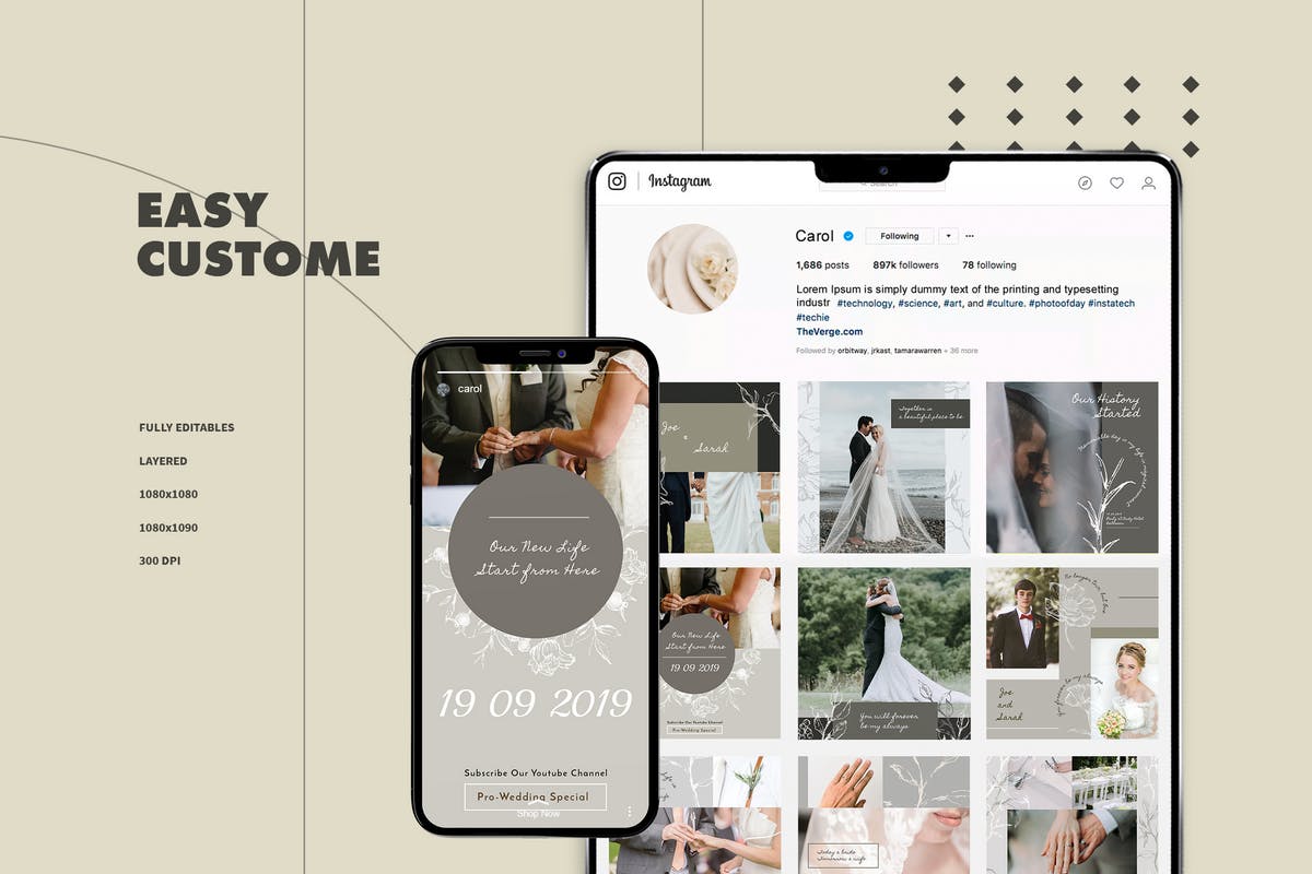 婚礼婚纱摄影Instagram社交贴图设计模板第一素材精选v1 Instagram Template v1插图(1)