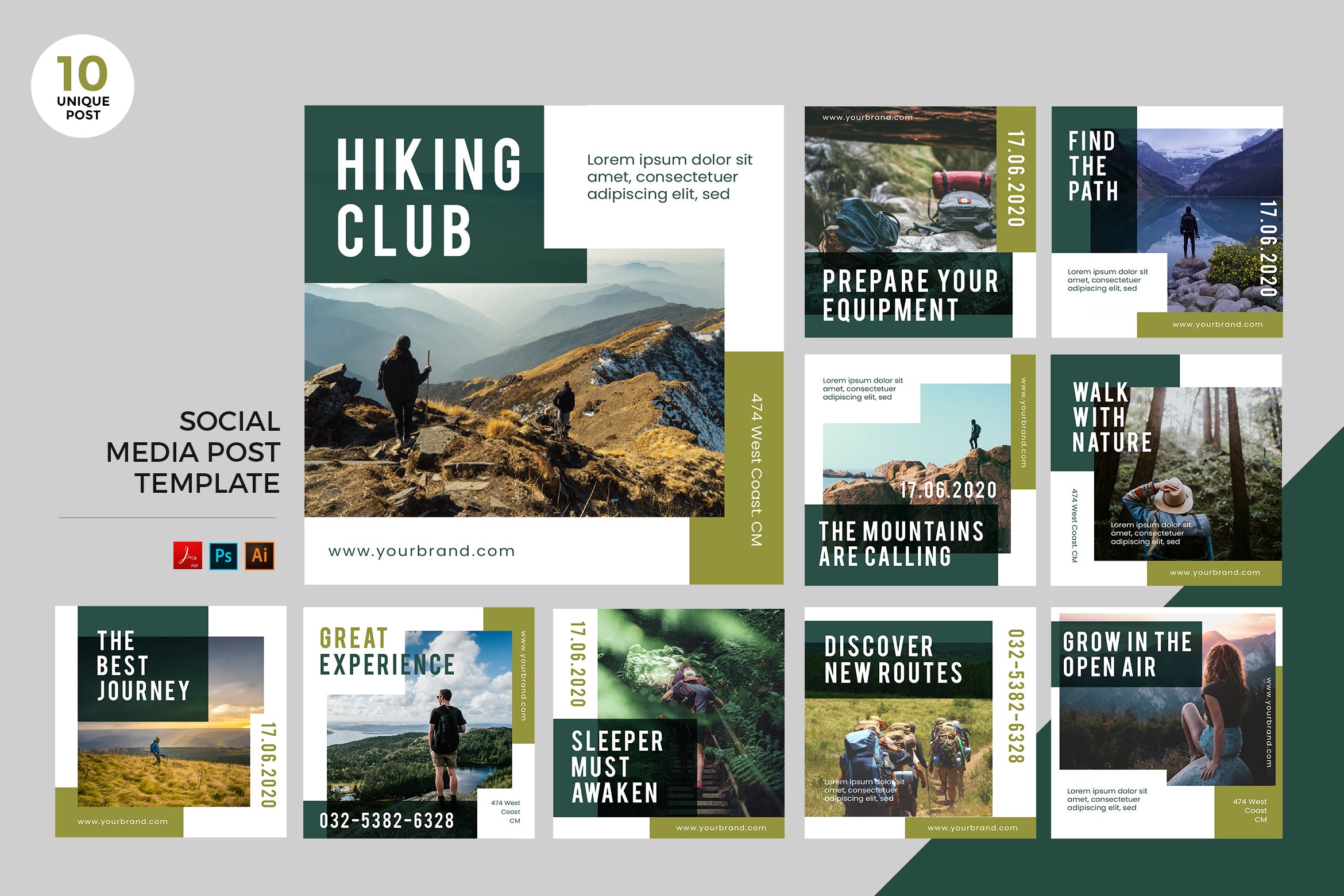 徒步俱乐部主题社交媒体设计素材包 Hiking Club Social Media Kit PSD & AI插图