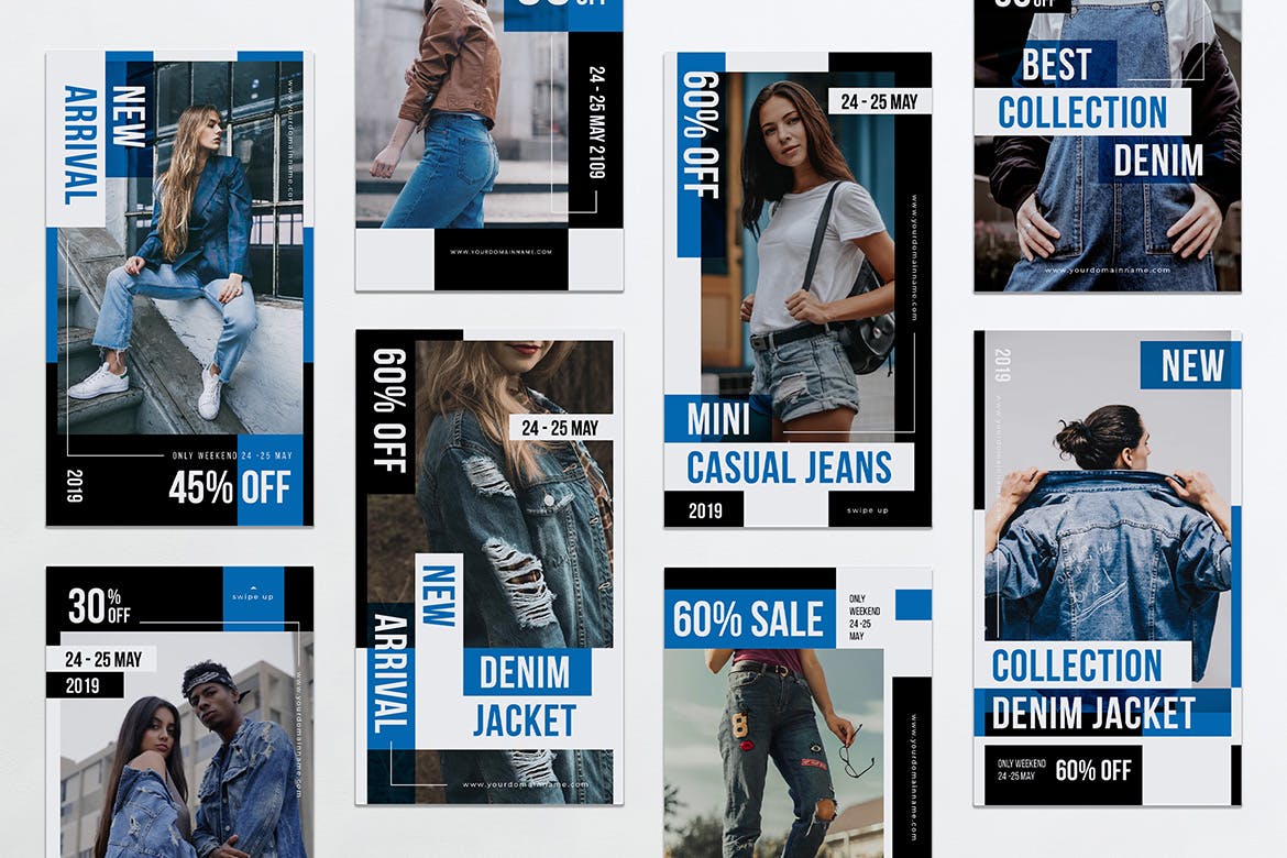 牛仔服饰Instagram品牌推广PSD&AI模板蚂蚁素材精选 Denim Clothing Instagram Stories PSD & AI Template插图(3)