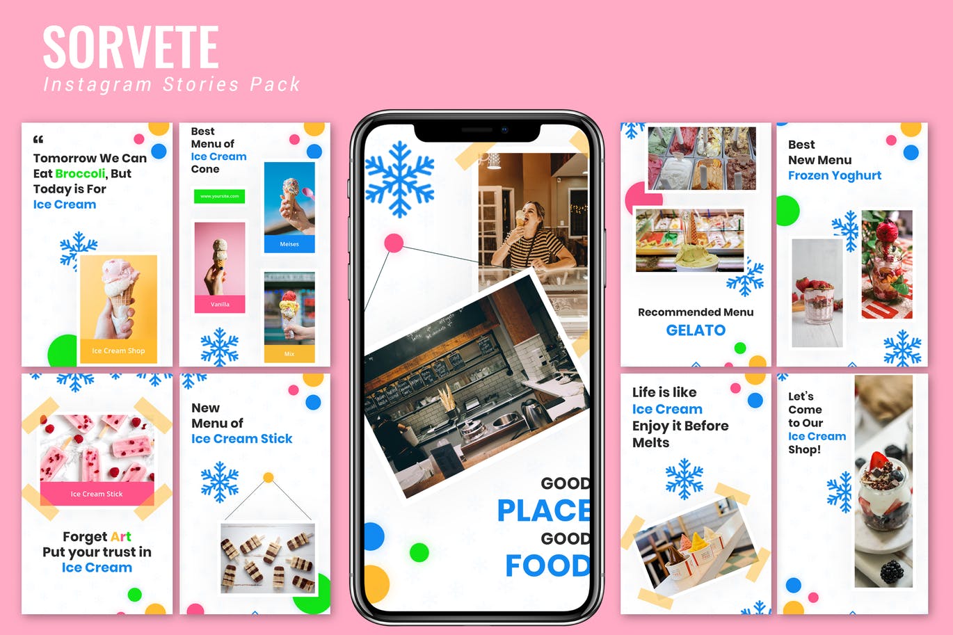 蓝色雪花装饰点缀Instagram品牌故事设计模板第一素材精选 Sorvete – Instagram Story Pack插图