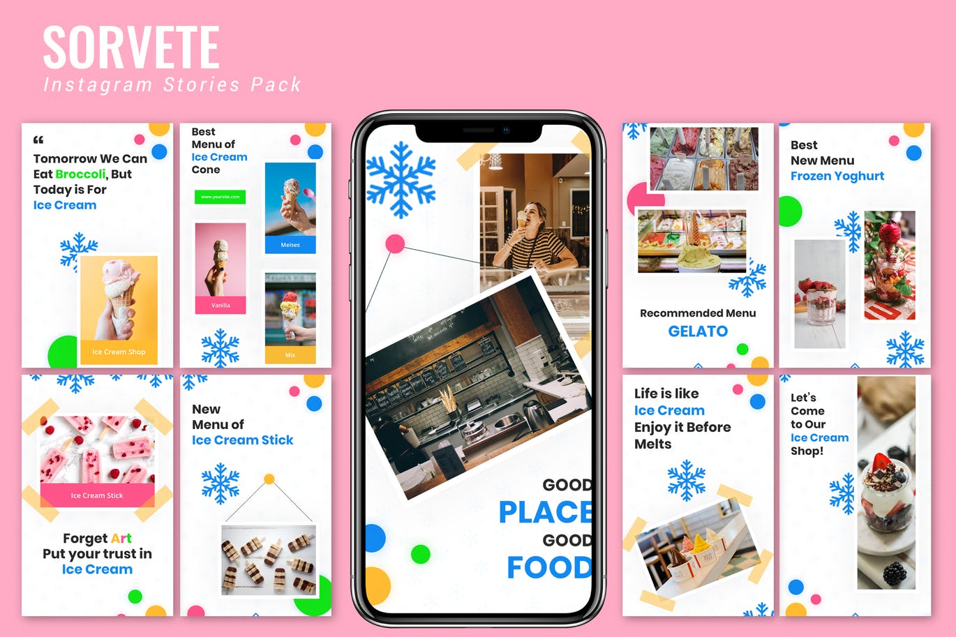 蓝色雪花装饰点缀Instagram品牌故事设计模板蚂蚁素材精选 Sorvete – Instagram Story Pack插图