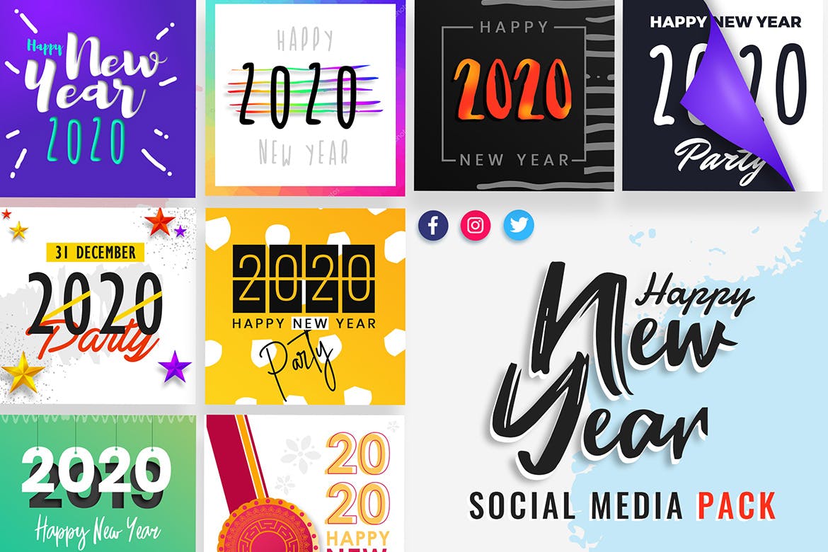 2020新年主题社交媒体贴图设计模板蚂蚁素材精选 New Year Social Media Post Templates插图(1)