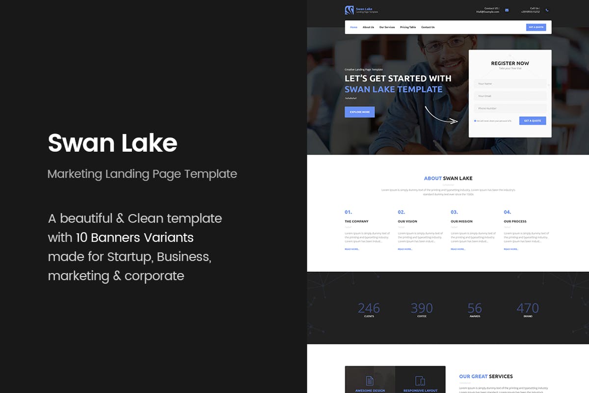 现代创意品牌宣传着陆页HTML模板第一素材精选 Swan Lake – Marketing Landing Page插图
