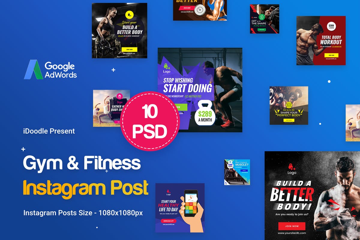 健身主题Instagram文章贴图PSD模板第一素材精选 Gym & Fitness Instagram Posts – 10 PSD插图