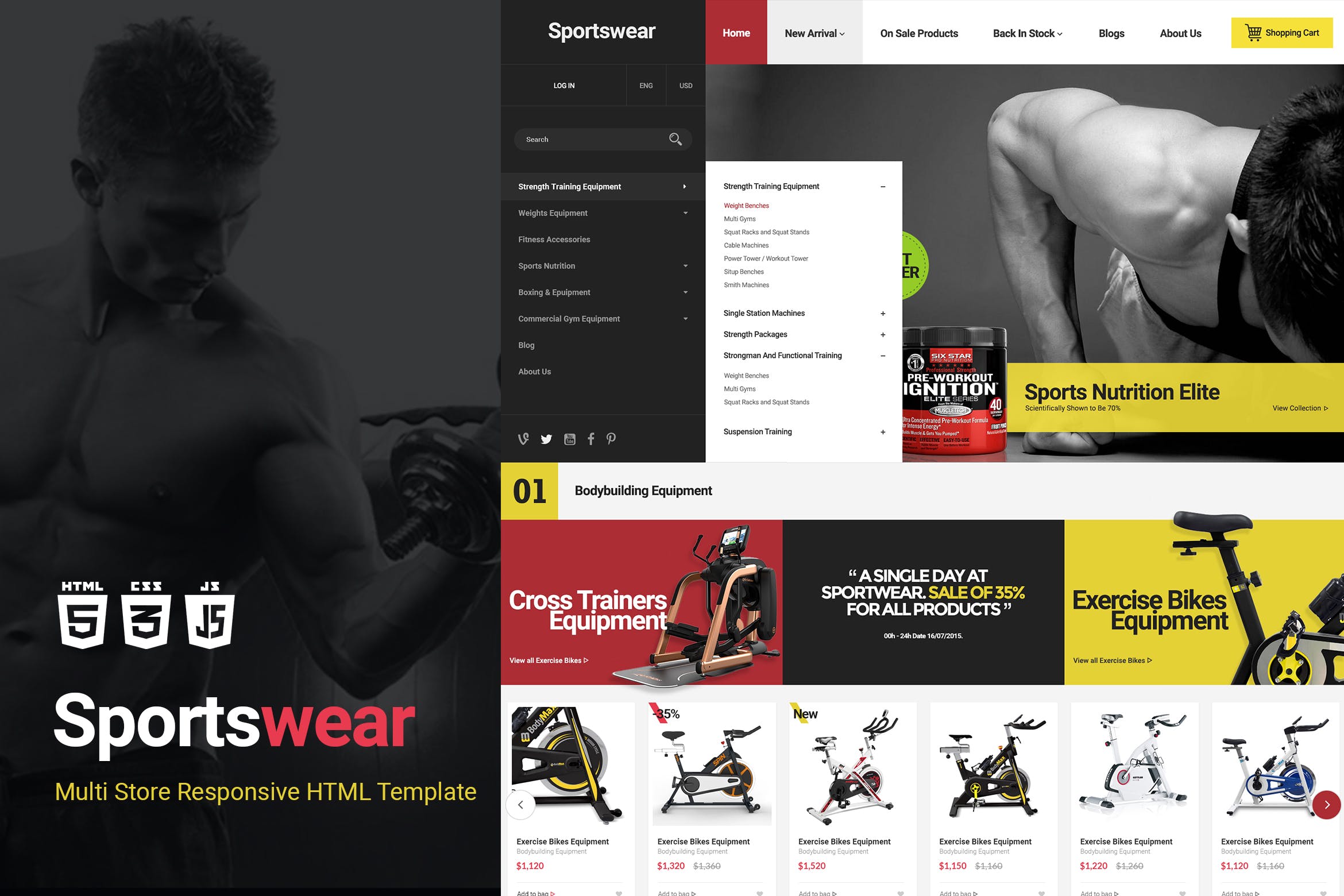 运动器械网上商城HTML模板蚂蚁素材精选素材 Sportwear | Multi Store Responsive HTML Template插图