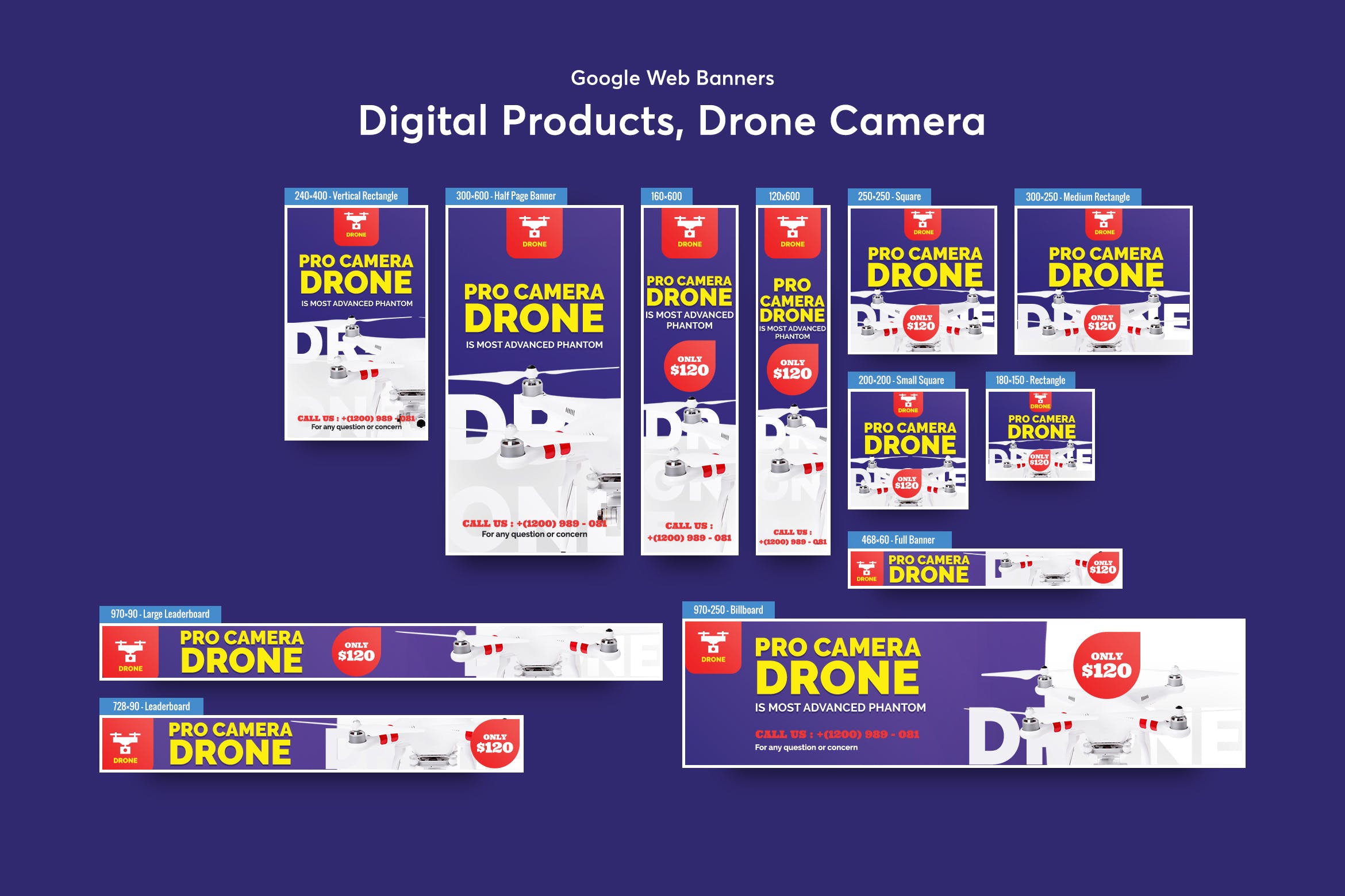 无人机产品展示Banner横幅第一素材精选广告模板 Drone Product Showcase Banners Ad插图