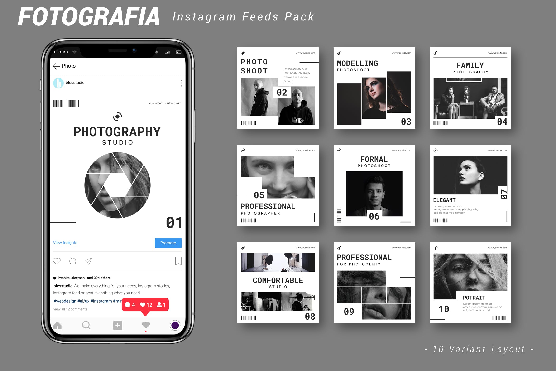 Instagram信息流黑白配色贴图设计模板第一素材精选 Fotografia – Instagram Feeds Pack插图