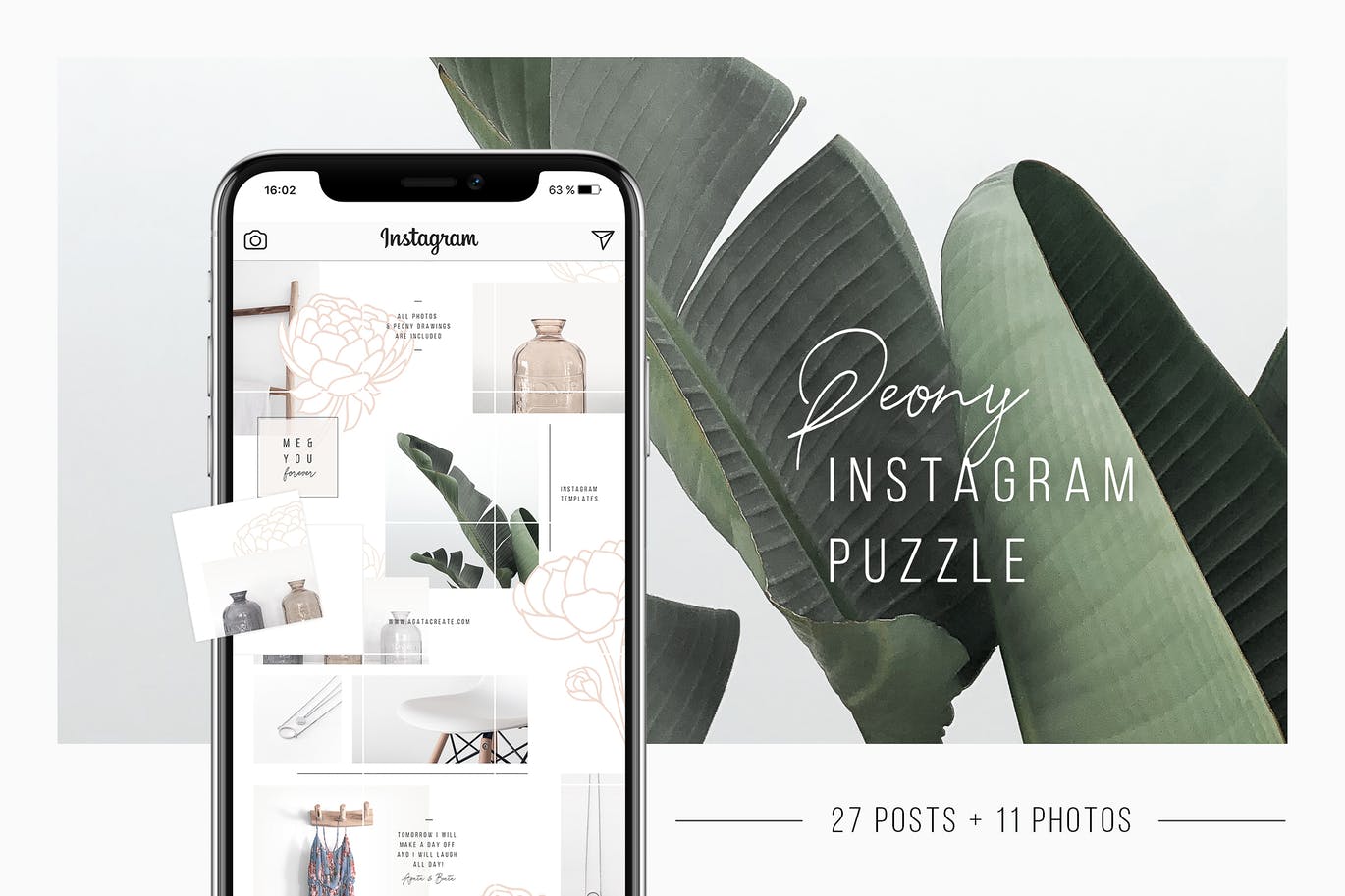 Instagram社交平台拼图设计风格贴图模板第一素材精选 Peony Instagram Puzzle Template + 11 Photos插图
