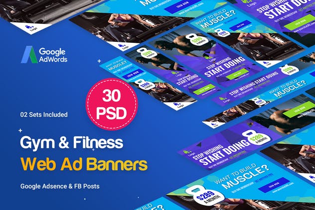 30个健身主题Banner广告图PSD模板蚂蚁素材精选 Gym & Fitness Banners Ad – 30 PSD [02 Sets]插图(1)