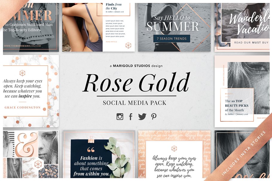 轻奢玫瑰金主题社交媒体贴图模板蚂蚁素材精选 ROSE GOLD | Social Media Pack插图