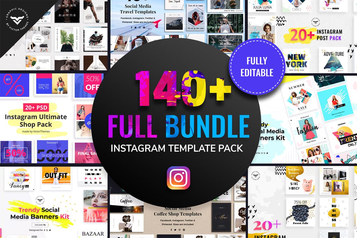 140+Instagram社交网站方形广告图设计PSD模板第一素材精选 Instagram Post Templates Full Bundle插图(1)