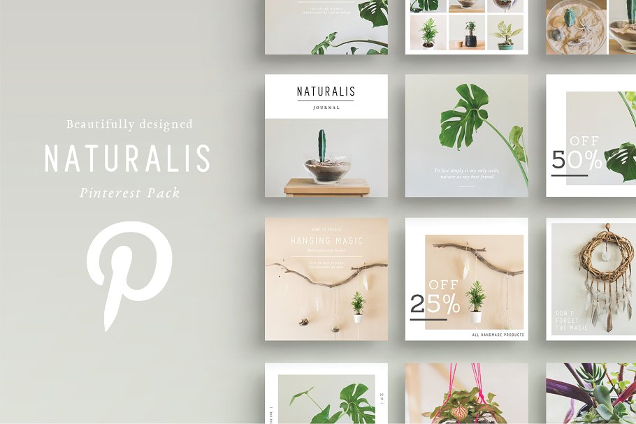 植物盆栽主题社交媒体贴图模板第一素材精选[Pinterest版本] NATURALIS Pinterest Pack插图