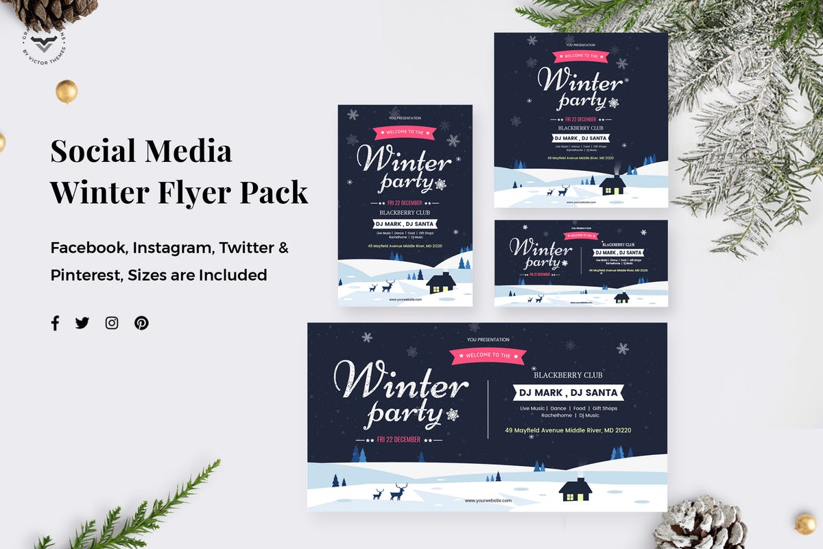 冬天主题社交媒体品牌第一素材精选广告模板合集 Winter Party Social Media Pack插图