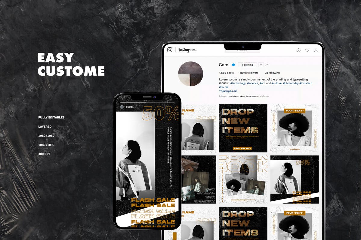 大理石纹理背景Instagram社交贴图设计模板蚂蚁素材精选 Instagram Template插图(1)