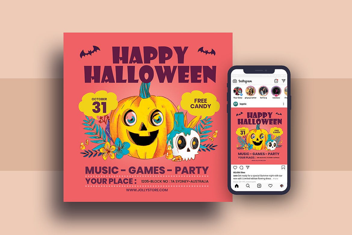 万圣节节日促销海报模板蚂蚁素材精选和Instagram推广素材 Halloween Festival Flyer & Instagram Post Design插图(1)