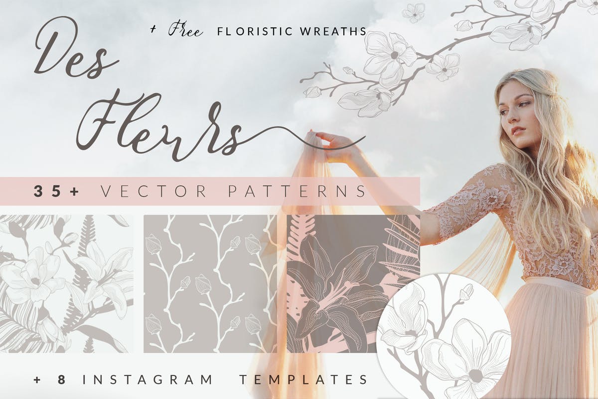 35+优雅手绘花卉图案纹理Instagram贴图模板大洋岛精选 35+ Patterns & 8 Instagram Templates插图