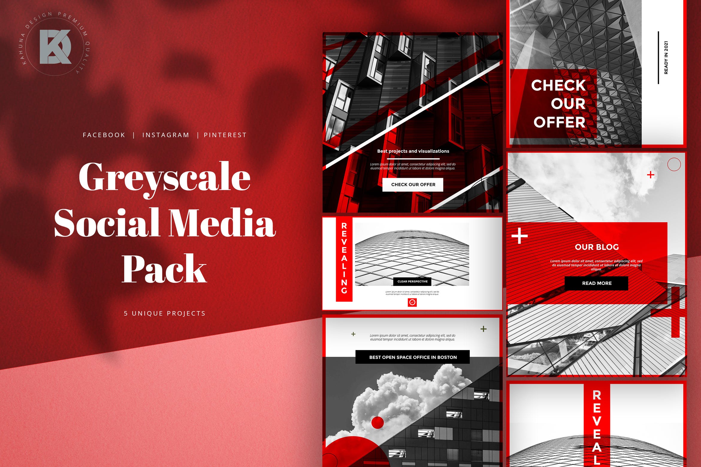 灰度红创意社交媒体大洋岛精选广告模板素材 Greyscale Red Social Media Pack插图