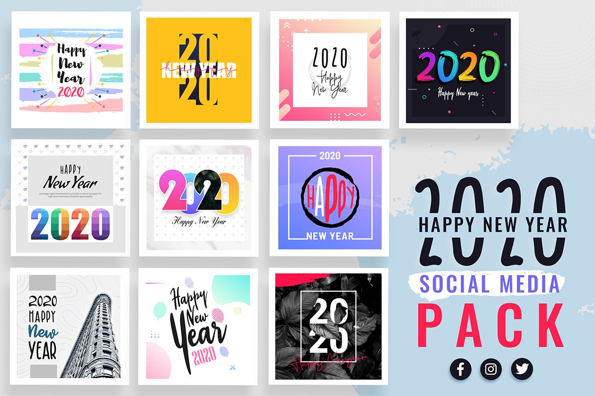 2020年新年主题社交媒体贴图设计模板蚂蚁素材精选合集 New Year Social Media Templates 2020插图(1)