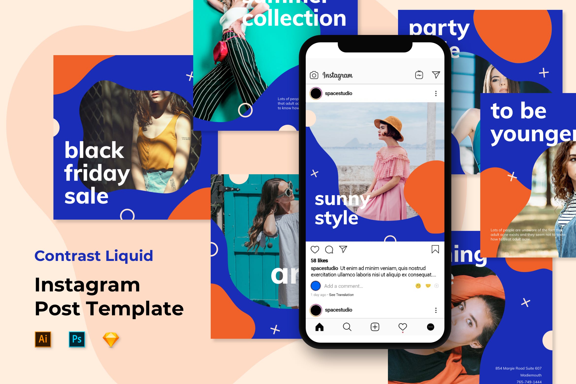 Instagram社交推广孟菲斯液体设计风格模板第一素材精选 Instagram Templates Liquid Style插图