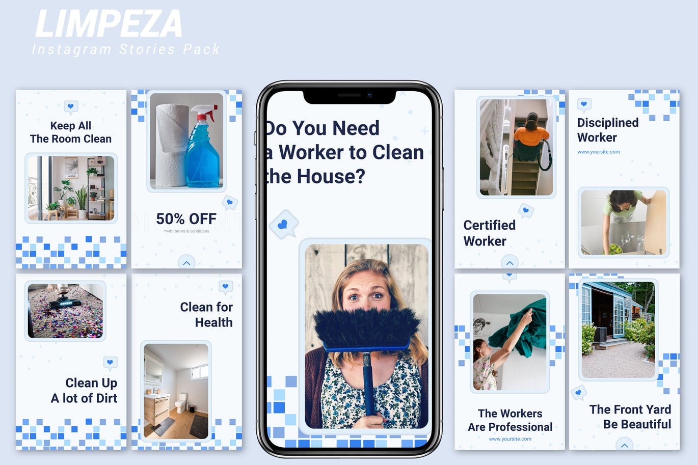 蓝色方块点缀设计风格Instagram品牌故事模板第一素材精选 Limpeza – Instagram Story Pack插图
