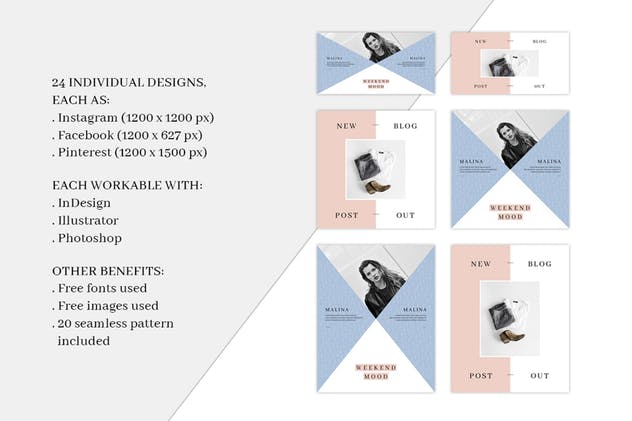 72个现代简洁多功能社交媒体新媒体贴图模板蚂蚁素材精选 MALINA Social Media Pack & 20 Pattern插图(1)