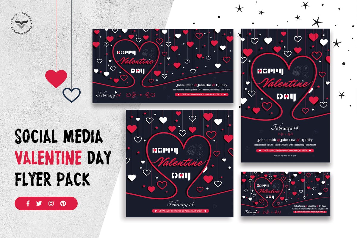 情人节社交媒体贴图海报Banner设计模板大洋岛精选 Valentines Day Social Media Template插图
