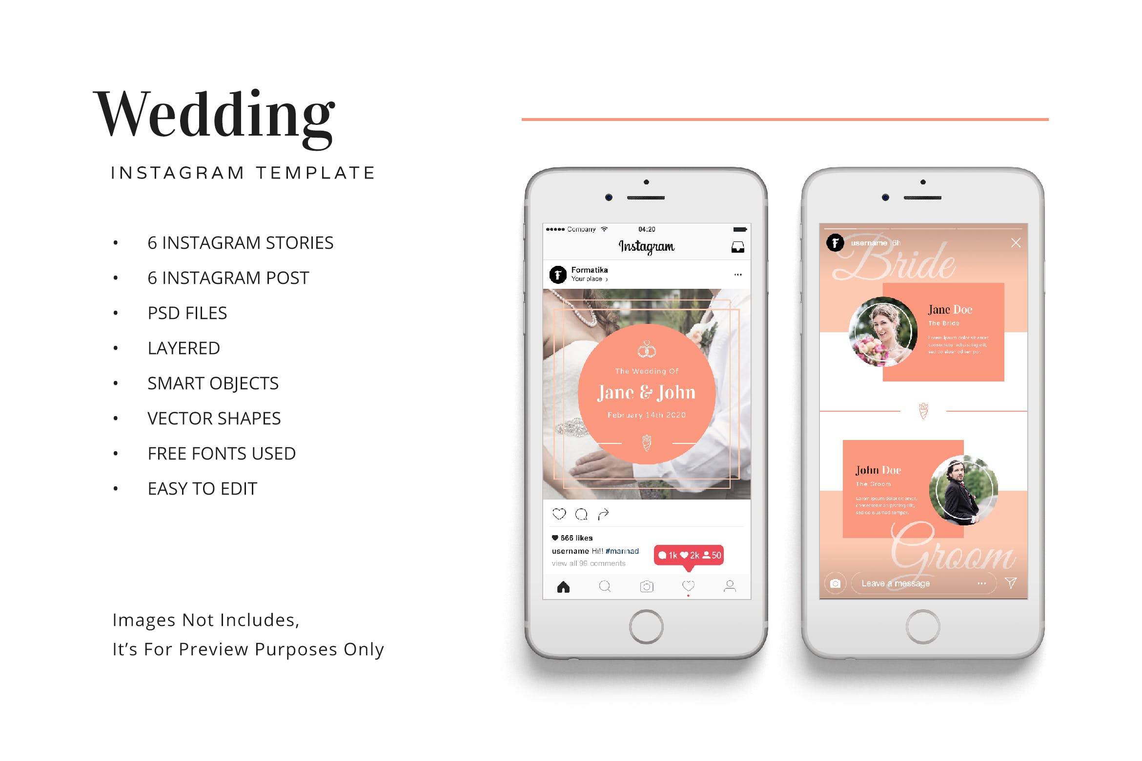 婚礼婚宴Instagram社交邀请函设计模板第一素材精选 Wedding Instagram Kit Template插图