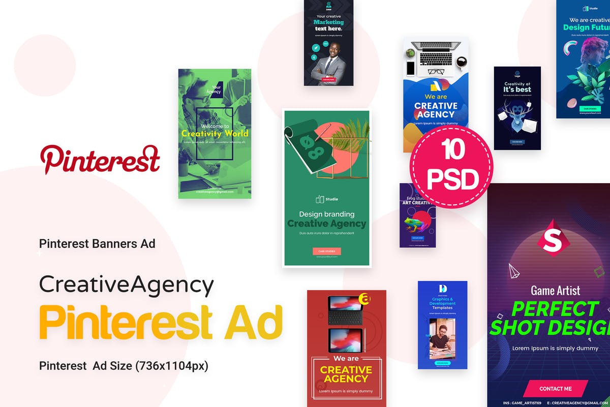 Pinterest社交网站创意Banner第一素材精选广告模板 Creative Agency, Startup, Studio Pinterest Ad插图